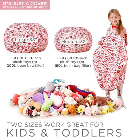 Aubliss Stuffed Animal Bean Bag Storage Chair, Beanbag Covers Only for Organizing Plush Toys, Turns into Bean Bag Seat for Kids When Filled, Large 38"-Canvas Pattern Heart