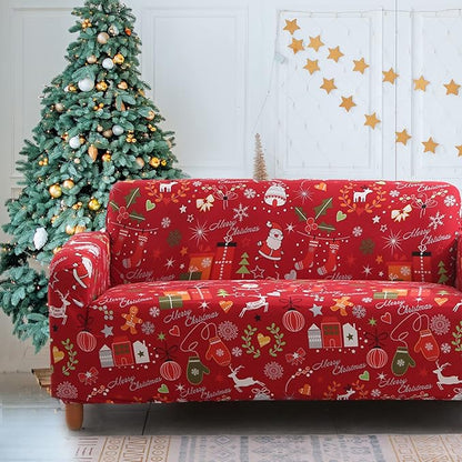 Mybedsoul Christmas Printed Sofa Cover Santa Claus Elastic Couch Cover Machine Washable Christmas Theme Red Sofa Slipcover for Living Room(3 Seater)