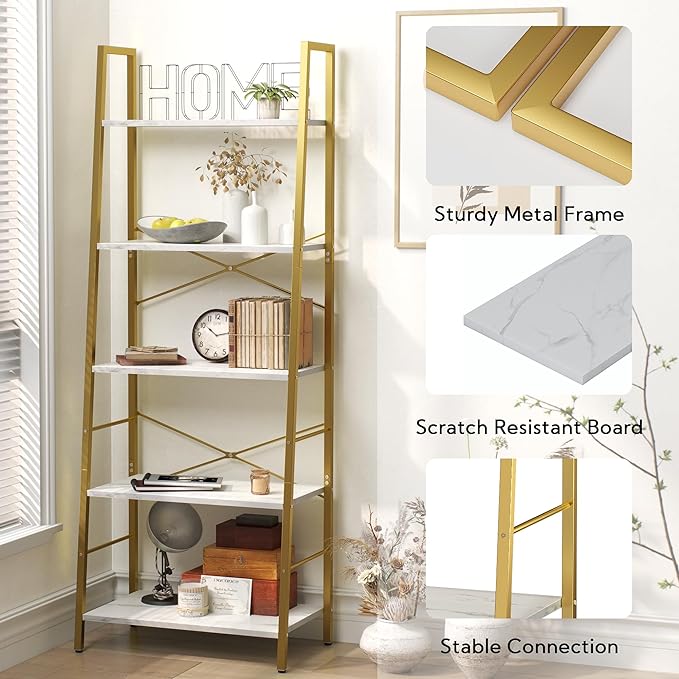 Yusong Ladder Shelf, 5-Tier Bookshelf Wood Bookcase for Living Room, Industrial Book Shelves, Tall Storage Display Rack Plant Stand for Bedoom, Home Office, Gold Metal Frame and White Marble Plank