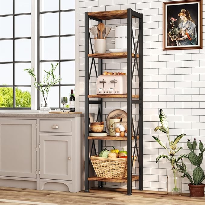 5-Tier Narrow Bookshelf, Ladder Bookshelf, Tall Bookshelf for Bedroom with Open Shelves, Office Bookshelf, Industrial Standing Bookshelf for Bedroom, Living Room and Home Office