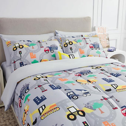 Mooreeke Bed in a Bag for Kids Boys Teens, 8 Pieces Full Size Comforter Bed Set with Shams, Sheet Set and Decorative Toy Pillow, Excavator Super Soft Microfiber Kids Comforter Bedding Set