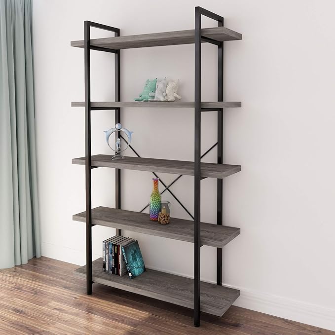 45MinST 5-Tier Vintage Industrial Style Bookcase/Metal and Wood Bookshelf Furniture for Collection, Gray Oak, 3/4/5 Tier (5-Tier)