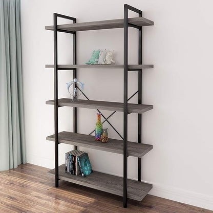 45MinST 5-Tier Vintage Industrial Style Bookcase/Metal and Wood Bookshelf Furniture for Collection, Gray Oak, 3/4/5 Tier (5-Tier)