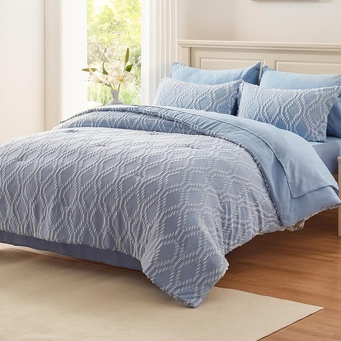EMME Twin Comforter Set - 5 Pcs Blue Boho Bedding Sets, Twin Size Tufted Comforter with Sheets, Shabby Chic Embroidery Bed Set Fluffy Bed Bag for All Season(68"X90")