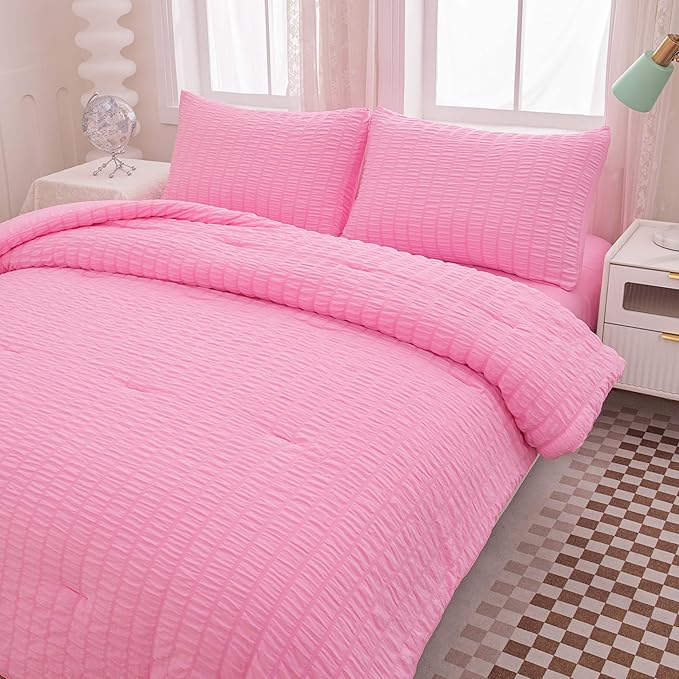 Pink Comforter Sets King Size, Pink Seersucker Bedding Set 3-Pieces Bed in a Bag Microfiber Lightweight Comforter All Season Bedding Sets with 2 Pillowcases