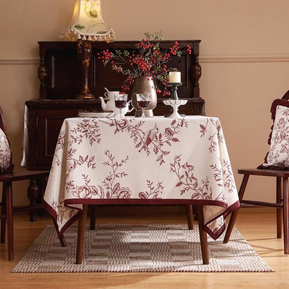 ISAENNE Designer Vintage Linen Small Rectangular Tablecloth,Red Floral Pattern Linen Stain Resistant Table Cloth,Decor Tablecloths for Dining Thanksgiving Kitchen Tea Party,55"*71"-Harmony