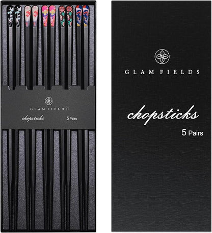 GLAMFIELDS 5 Pairs Premium Chopsticks Reusable Dishwasher Safe 9.5 Inch Fiberglass Chop Sticks Gift Set Hexagon Black Non Slip with the Printed Tops