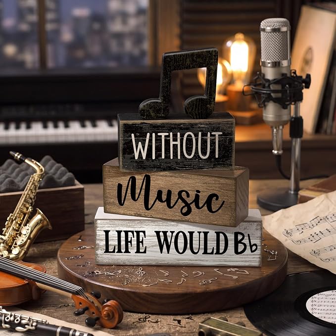 Moucuny 4 Pcs Music Notes Decor Wooden Centerpiece Musicical Party Decoration Musical Notes Theme Tiered Tray Table Signs, Farmhouse Wood Book Stack Decor Office Accessories for Music Home Room Gift