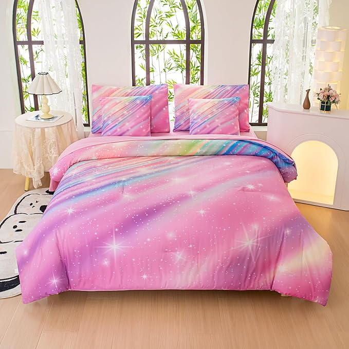 Twin Comforter Set for Girls Galaxy Bedding 7pieces, Ombre Bedding Comforter Sets Rainbow Comforter Glitter Bedding Twin Teen Comforter Sets for Girls