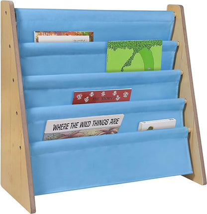 Wildkin Kids Canvas Sling Bookshelf for Boys and Girls, Wooden Design Features Four Fabric Shelves, Keep Bedrooms, Playrooms, and Classrooms Organized, an Ideal Kids Bookshelf (Natural w/Sky Blue)