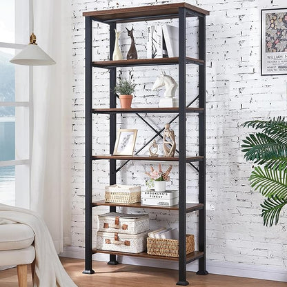 HOMBAZAAR Bookshelf, 6-Tier Vintage Industrial Book Shelf, Rustic Wood and Metal Bookcase and Bookshelves, Free Standing Storage Large Bookshelf for Living Room, Bedroom and Kitchen, Brown