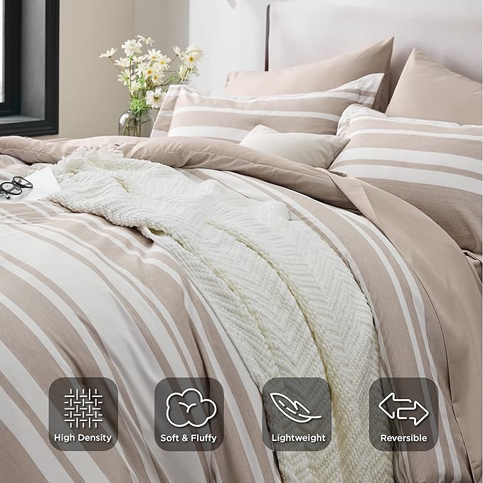 Bedsure Bed in a Bag Twin Size 5 Pieces, Light Camel White Striped Bedding Comforter Sets All Season Bed Set with 1 Pillow Sham, Flat Sheet, Fitted Sheet and 1 Pillowcase
