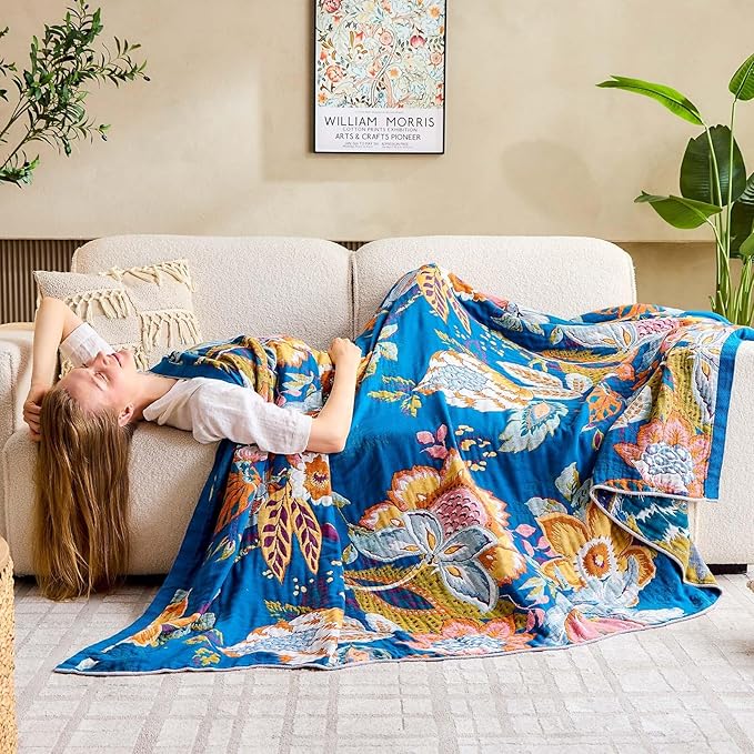 Boho Throw Blanket, Blue Lightweight Blankets for Summer, 100% Cotton Bohemian Decorative Throw Blanket, 80"x90" Reversible Muslin Breathable Woven Farmhouse Blankets Quilt,