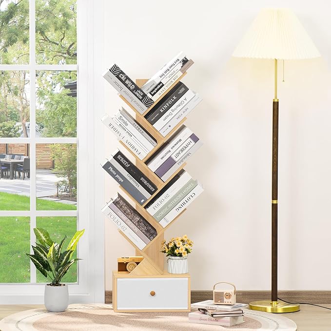 8 Tier Tree Bookshelf with Drawer, Free Standing Wood Bookcase for Narrow Space, Storage Organizer Bookshelves for Books, Book Case for Home Office, Living Room, Bedroom - Natural