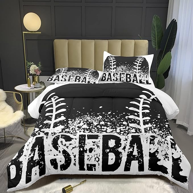 Bodhi Black and White Comforter Set,Sports Bedding Set for Boys Kids,Boys Baseball Bedding Full Size,Kids Comforter Set with Pillowcases,Teen Boys Bedding Set Full Size