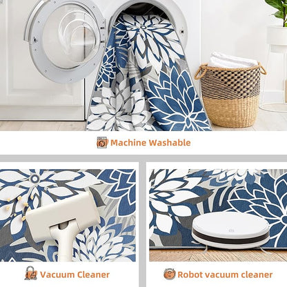 Indoor Outdoor Area Rug Washable Multicolored Patio Rug Tropical Botanical Modern Floral Indoor Outdoor Carpet Blue White Rug Non Slip for Patio, Deck, Backyard, Porch (8x10)