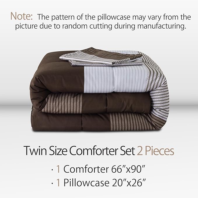 Andency Stripe Comforter Set Twin Size (66x90 Inch), 2 Pieces Brown Patchwork Striped Comforter, Soft Microfiber Down Alternative Comforter Bedding Set with Corner Loops