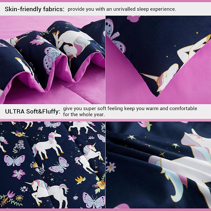 Mooreeke Kids Comforter Bed Set Twin Size for Girls, 6 Pieces Bed in a Bag with Shams, Sheet Set, Purple Pink Unicorn Twin Soft Microfiber Kids Comforter Bedding Set