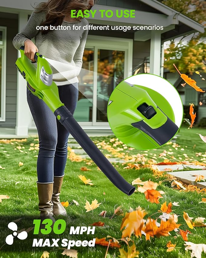 HARDELL 18V Cordless Leaf Blower, Battery Powered Leaf Blower for Lawn Care, Electric Mini Leaf Blower, 130MPH/98CFM, Bright Green (Battery & Charger Included)