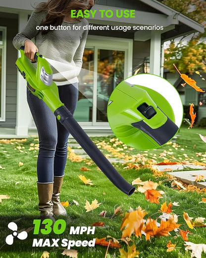 HARDELL 18V Cordless Leaf Blower, Battery Powered Leaf Blower for Lawn Care, Electric Mini Leaf Blower, 130MPH/98CFM, Bright Green (Battery & Charger Included)