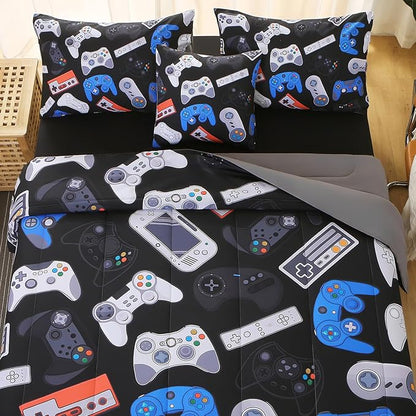 6Pcs Game Console Comforter Set with Sheets for Boys Girls Kids Teens, Gamepad Collection Themed Bed in A Bag Twin Size, 3D Video Gamer Controller Bedroom Decor Bedding Set