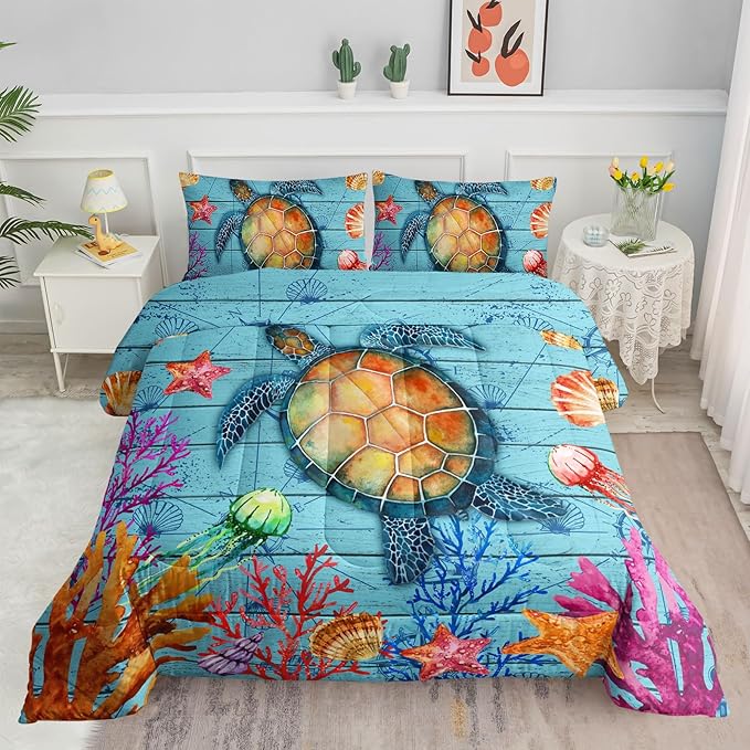 Datura home Sea Turtle Bedding Comforter Set Sea Turtle Ocean Beach Printed Pattern Bedding Set with 1 Comforter and 2 Pillowcases for Boys Bedroom All Season(Sea Turtle Queen), Queen 90x90inches