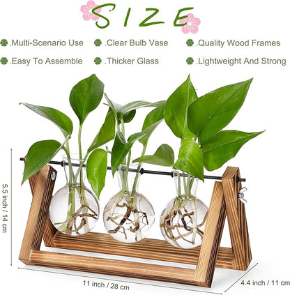 YIBOT Plants Propagation Stations,Desk Plant Terrarium with Retro Wooden Stand,Plant Lover Gifts for Women for Hydroponics Plants Home Garden Wedding Decor(3 Bulb Vase)