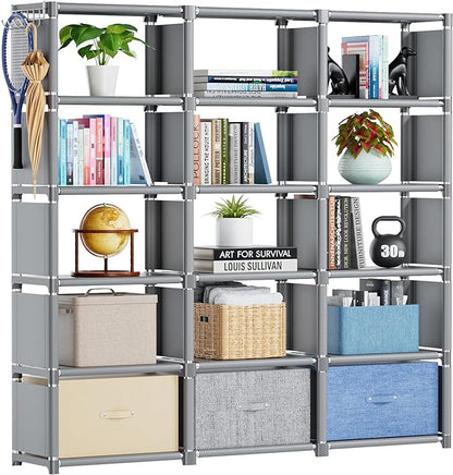 Mavivegue Bookshelf,15 Cube Storage Organizer,Book Shelf Organizer,Tall Bookcase Shelf,Book Cases/Shelves,Grey Cube Shelf,Cubbies Closet Storage Organizer Shelves for Bedroom,Living Room,Home,Office