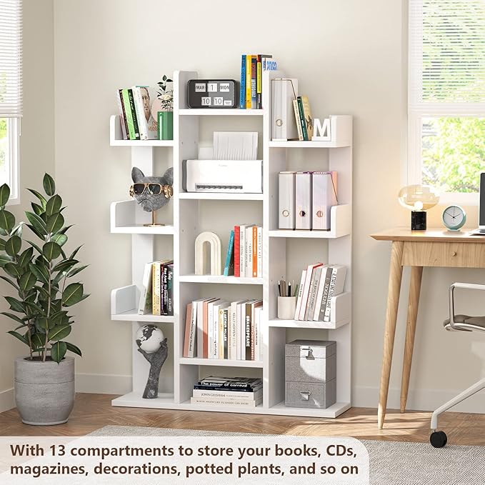 Aheaplus Bookshelf, Tree-Shaped Bookcase Storage Shelf with 13 compartments, Books Organizer Display Cube Shelves, Industrial Free Floor Standing Wood Open Bookshelves for Home, White