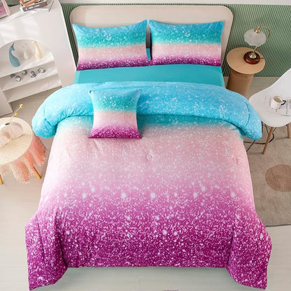 PERFEMET Queen Comforter Set with Sheets, 6 Pieces Tie Dye Rainbow Girls Bedding Set, Gradient Glitter Colorful Ombre Bed in A Bag (Aqua Teal Purple, Queen)