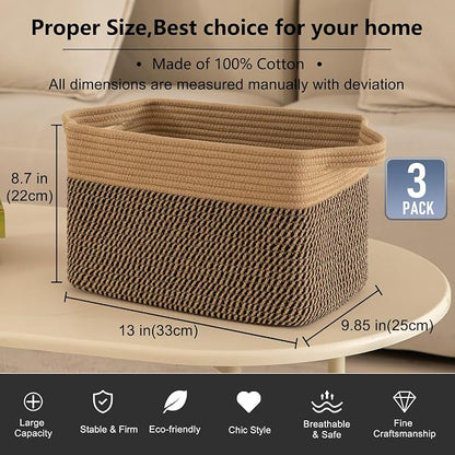 OIAHOMY 3 Pack Storage Basket for Organizing, 13''X9.85''X8.7'' Storage Bins,Woven Basket Basket with Handles, Toy Storage Basket Bin,Stylish Room Decor Basket, Brown & Black