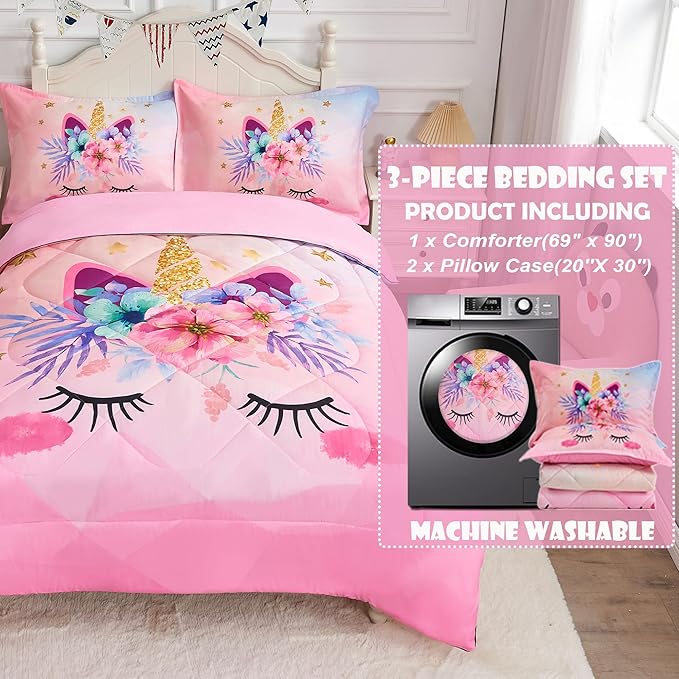 VIVILINEN Twin Size Bedding Set for Girls 3 Piece Pink Unicorn Kids Comforter Set Cartoon Unicorn Flowers Quilt Set Bed in A Bag Lightweight Duvet Bed Set for Kids Teen Girls Women with 2 Pillowcases