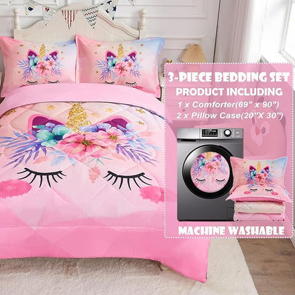 VIVILINEN Twin Size Bedding Set for Girls 3 Piece Pink Unicorn Kids Comforter Set Cartoon Unicorn Flowers Quilt Set Bed in A Bag Lightweight Duvet Bed Set for Kids Teen Girls Women with 2 Pillowcases