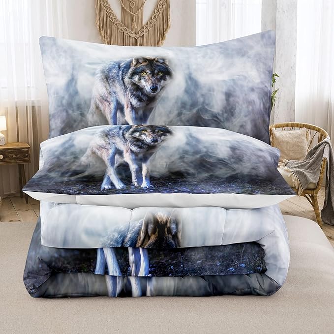 Bodhi Wild Wolf Comforter Set King for Boys,Mens Wolf Bedding Set, Wolf Standing in The Forest Surrounded by Fog, Wolf Comforter with Matching Pillowcases, 1 Comforter+2 Pillow Shams #4018
