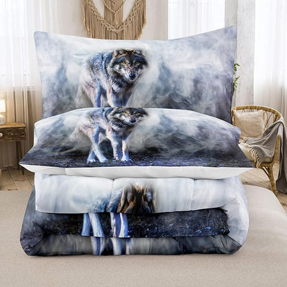 Bodhi Wild Wolf Comforter Set King for Boys,Mens Wolf Bedding Set, Wolf Standing in The Forest Surrounded by Fog, Wolf Comforter with Matching Pillowcases, 1 Comforter+2 Pillow Shams #4018