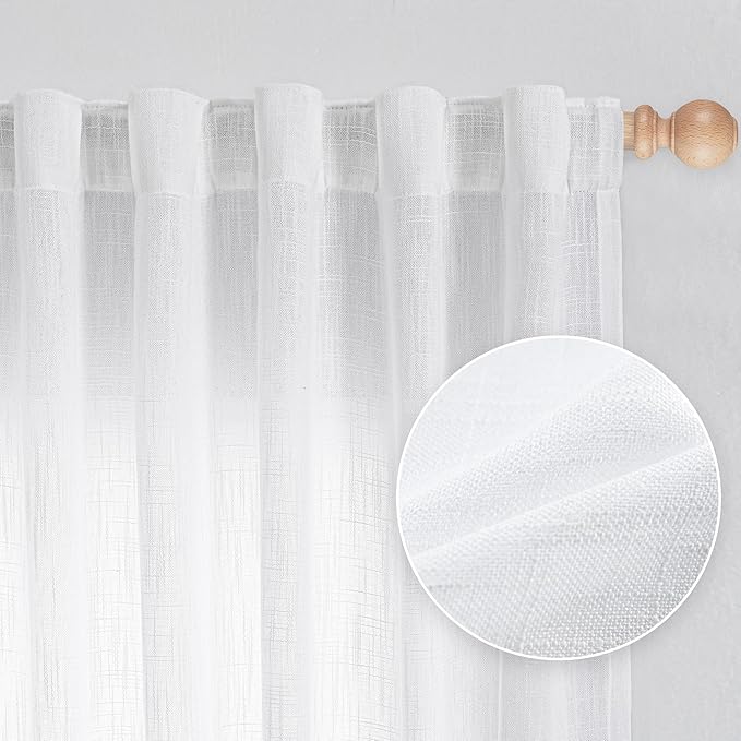 MYSKY HOME White Curtains for Living Room, Semi Sheer Curtains & Drapes Light Filtering Farmhouse Country Boho Style Back Tab Draperies for Sliding Glass Door (Customsize, Pure White)