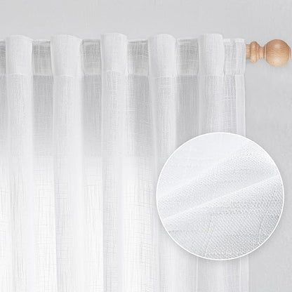 MYSKY HOME White Curtains for Living Room, Semi Sheer Curtains & Drapes Light Filtering Farmhouse Country Boho Style Back Tab Draperies for Sliding Glass Door (Customsize, Pure White)