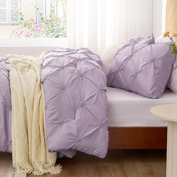 BEDELITE Light Purple Twin Comforter Set for Girls - 2 Peices Boho Pintuck Bedding Comforter Sets, Lightweight Soft & Warm Twin Bedding Sets with 1 Pillowcase for All Season