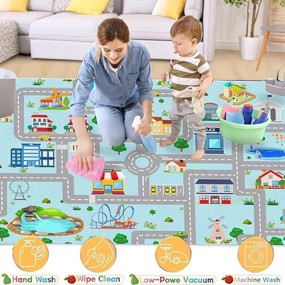 Kids Car Rug, 5' 3" x8' City Life Traffic Road Playmat for Toy Cars Trains, Non-Slip Race Track Carpet Educational Fun Area Rugs for Boy and Girl Bedroom Nursery