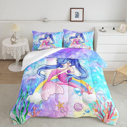 Datura home Kids Mermaid Comforter Set for Girls Women,Cute Mermaid Girl and Rainbow Shell Starfish Printed Pattern Blue Kawaii Bedding Set with 2 Pillowcases(Mermaid Girl Queen)