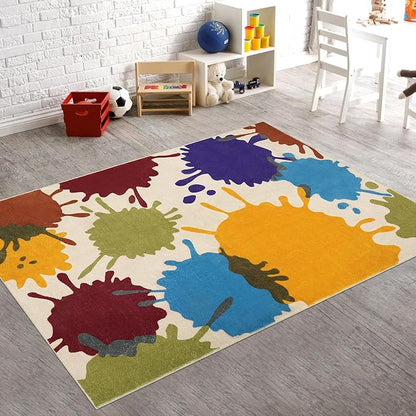 Art Bedroom Rug, 4'x6' Machine Washable Kids Rug for Playroom, Paint Splash Rainbow Area Rug for Classroom, Soft Colorful Living Room Rug Throw Play Mat for Nursery Office Preschool