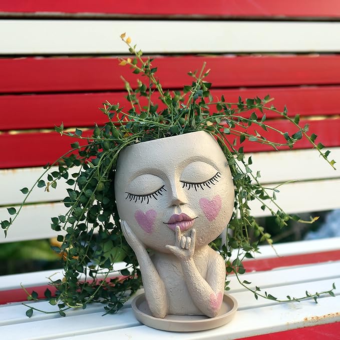 Face Flower Pots Head Planter, Cute Resin Planters for Indoor Outdoor Plants, Macetas para Plantas Unique Head Plant Pot