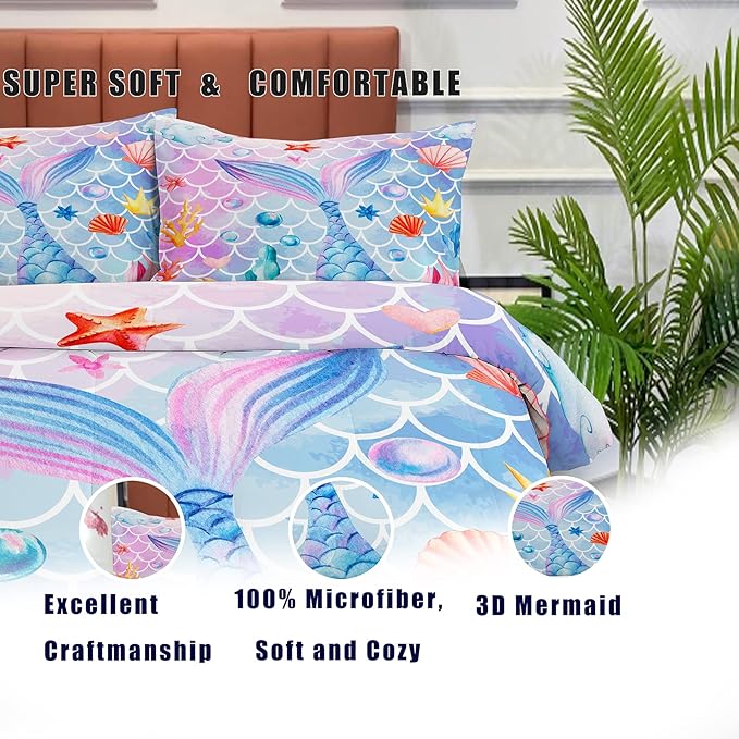 NINENINE Mermaid Comforter Sets,Twin Bedding Sets for Girls,Kids Comforter Sets for Girls,Girls Twin Bedding Princess Comforter Sets with 1 Comforter 1Pillowcase
