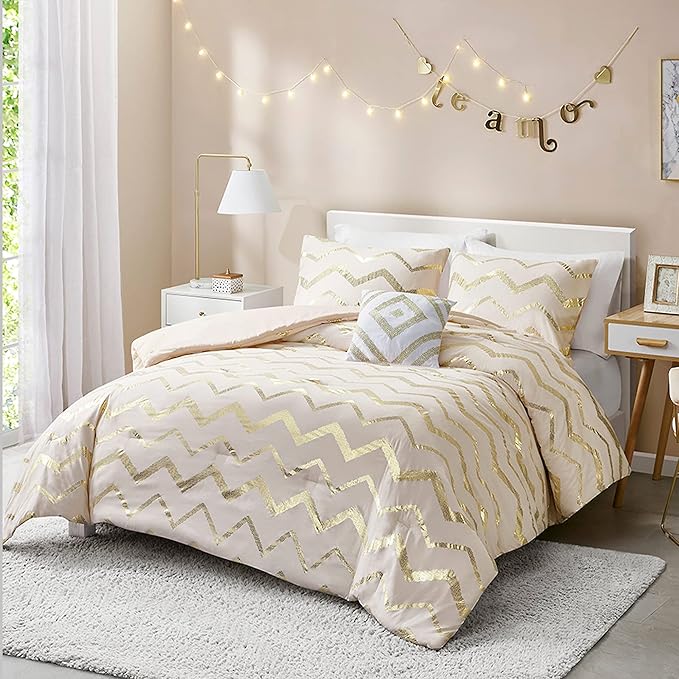 Codi Cream White and Gold Comforter Set for Full/Queen Size Bed, Cute Metallic Ivory Bed Sets, 4 Piece (2 Matching Shams + 1 Decorative Pillow)