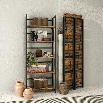 No-Assembly Folding Bookshelf Storage Shelves 5 Tiers Vintage Multifunctional Plant Flower Stand Storage Rack Shelves Bookcase for Home Office(Firestone and Black)