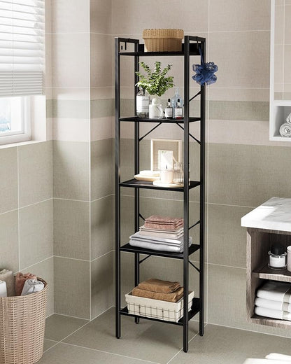 Bookshelf, Book Shelf, Industrial Bookcase with 2 Hooks, Coner Shelf Storage Organizer for Home Office, Living Room, Bedroom, Kitchen, 5-Tier Black BC10504B