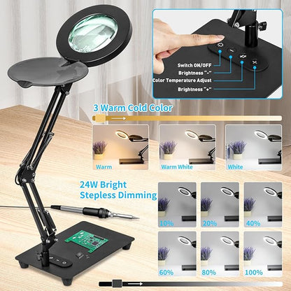 HITTI 10X Magnifying Glass with Light and Stand, Upgrade Base Button, 3 Color Modes Stepless Dimmable Magnifying Lamp, Adjustable Swing Arm LED Lighted Magnifier for Crafts Soldering Hobby