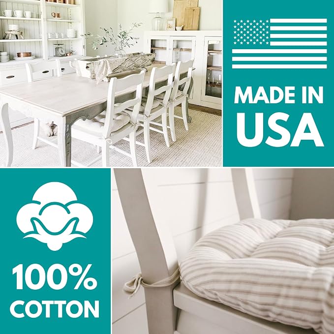 Barnett Home Decor Dining Chair Cushions with Ties, 16.5 x 18 Inches, Pack of 2 – Machine Washable, Made with 100% Cotton and Plush Latex Foam Fill, Made in USA – Farmhouse Check Dark Red