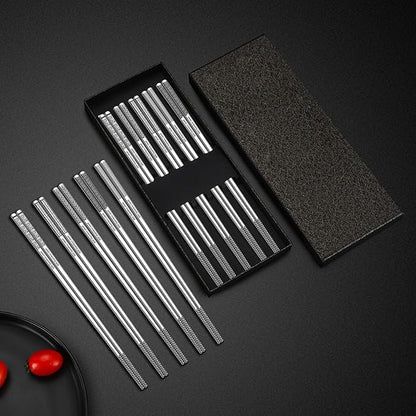 Metal Chopsticks Reusable 316 Stainless Steel Chopsticks Multipack Dishwasher Safe Chop Sticks Square Fancy Laser Engraved Non-slip Korean Chopstick for Cooking Eating 9.45 Inches 5 Pairs Gift SetS
