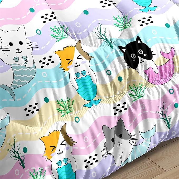 Girls Cat Bedding Set Queen Size - 3Pcs Cute Cartoon Mermaid Tail Cat Patterns Comforter Set for Girls Boys Kids Bedroom Cat Bedding Room Decor for All Season, 1 Comforter 2 Pillow Cases